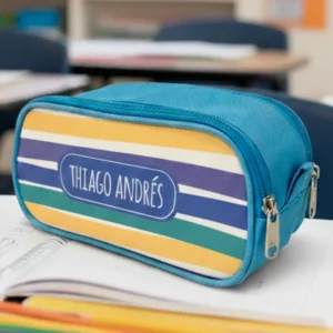 estuche personalizado o cartuchera infantil azul con franjas de colores