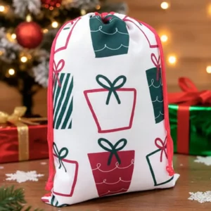 Saco mediano de tela POP color blanco, rojo y verde con estampado personalizado de navidad para regalos